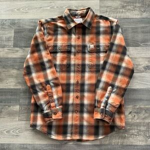 Carhartt Hubbard Flannel Long Sleeve Shirt Men’s SMALL Orange Brown 103822 004